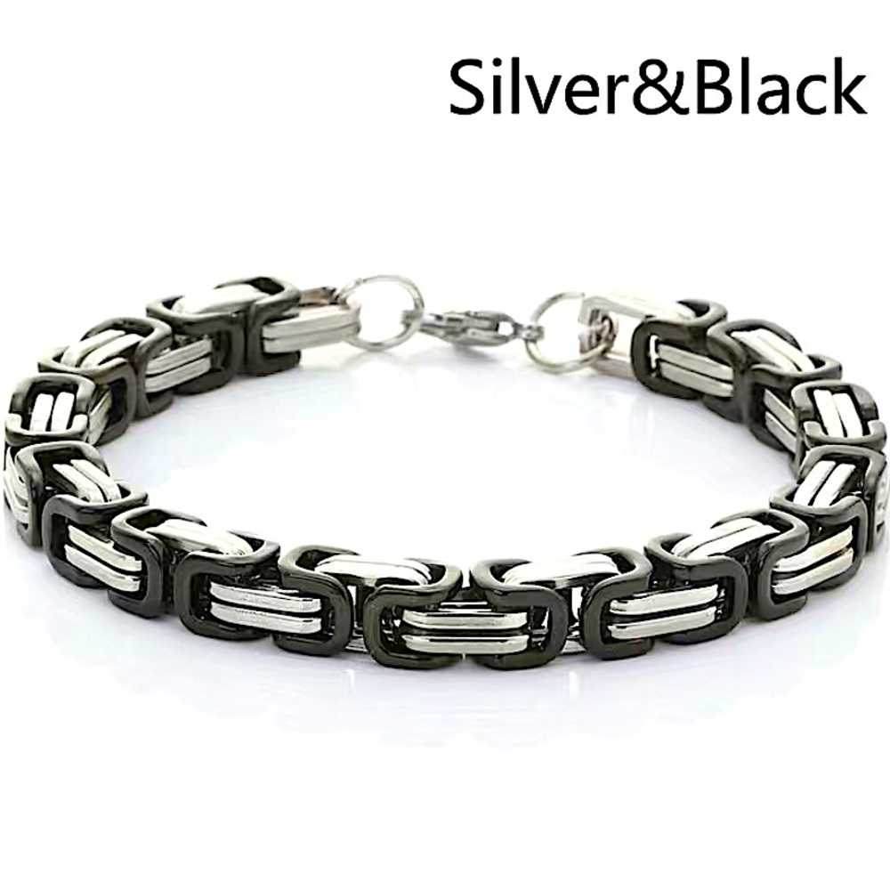 STAINLESS STEEL BYZANTINE MECHANIC SILVER BLACK BIKER BRACELET - Picture 2 of 4